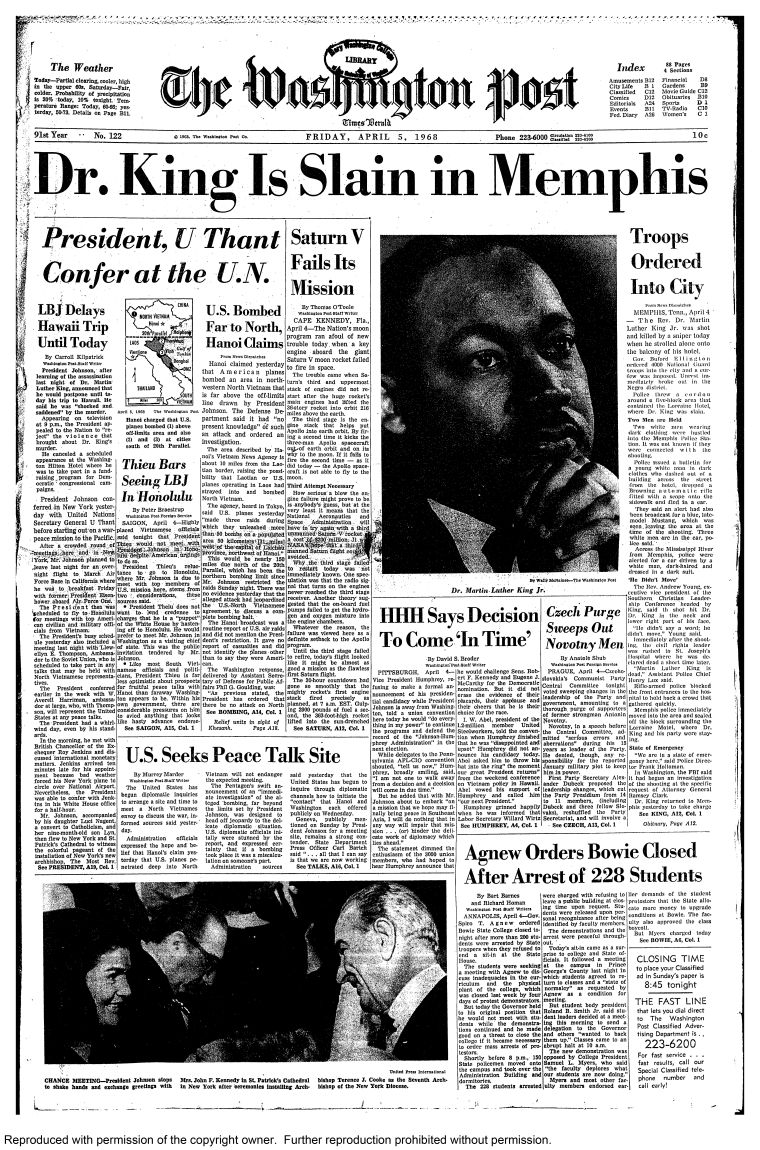 Front page of The Washington Post, April 5, 1968 during the rio