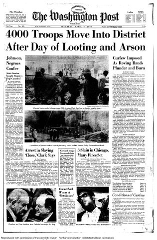 Front page of The Washington Post, April 6, 1968 during the rio