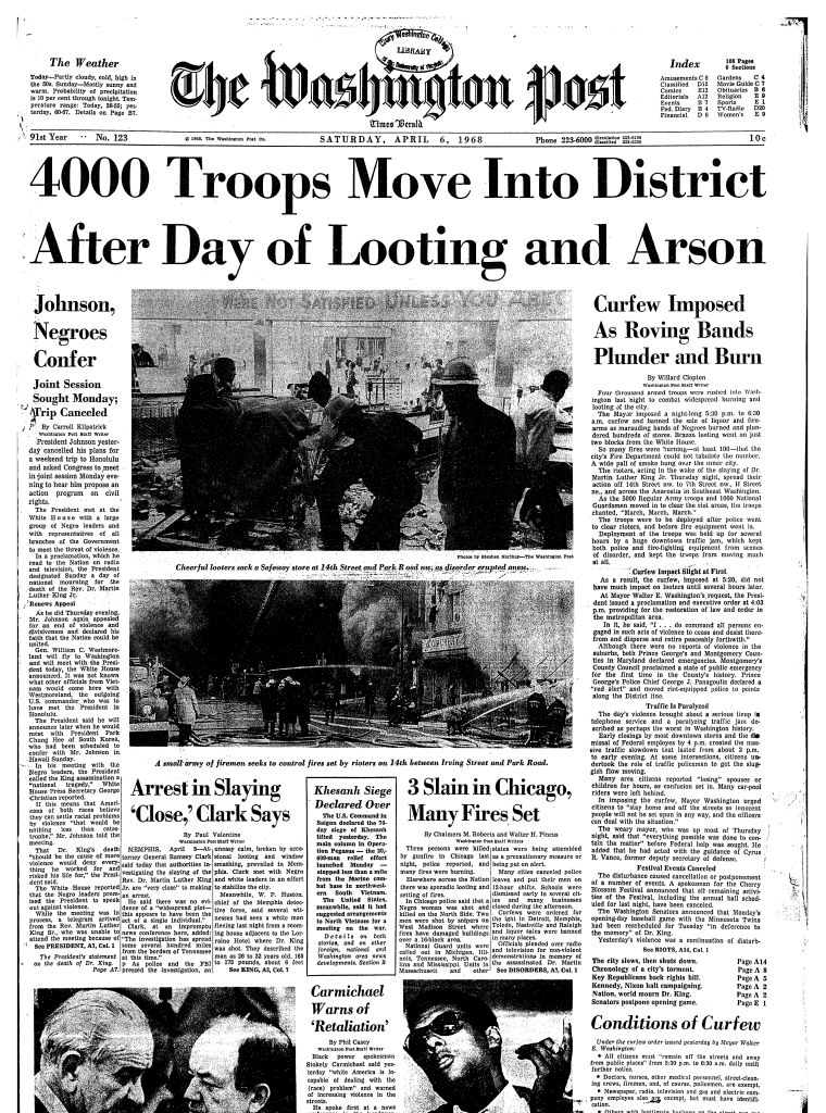 Front page of The Washington Post, April 6, 1968 during the rio