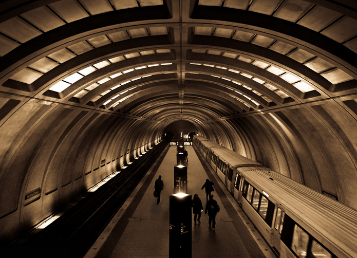 A train entering the Medical Center Station of the Washington DC Metro