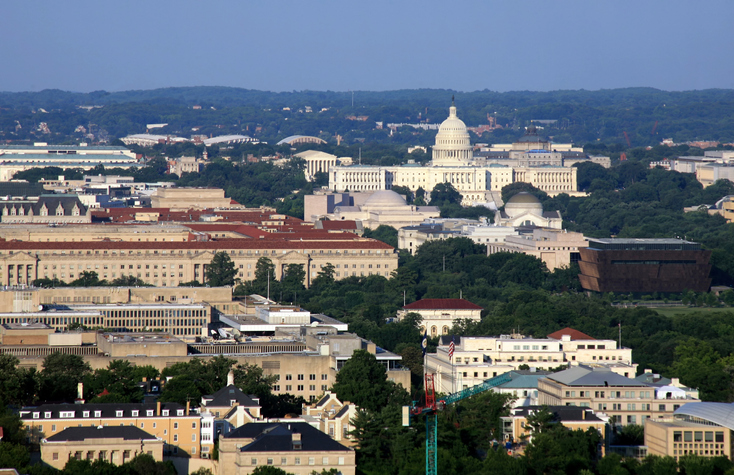 Panoramic Aerial View of Washington DC at sunset.