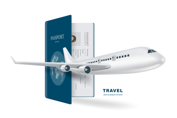 Airplane hovering in front of a blue passport for international travel and tourism advertisement design,