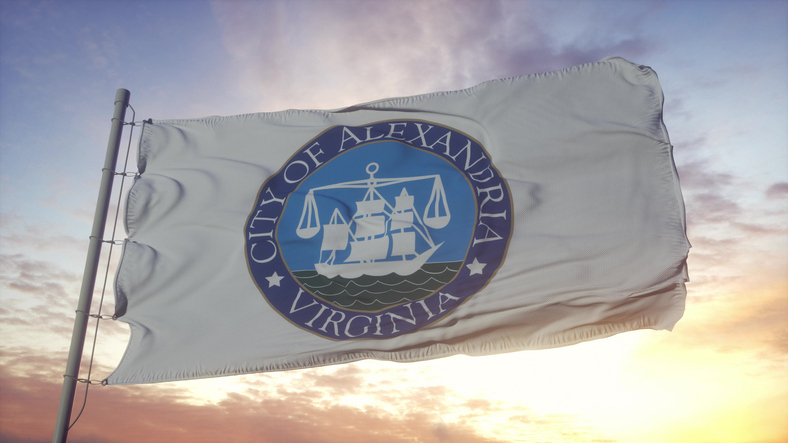 Alexandria flag, Virginia, waving in the wind, sky and sun background. 3d rendering