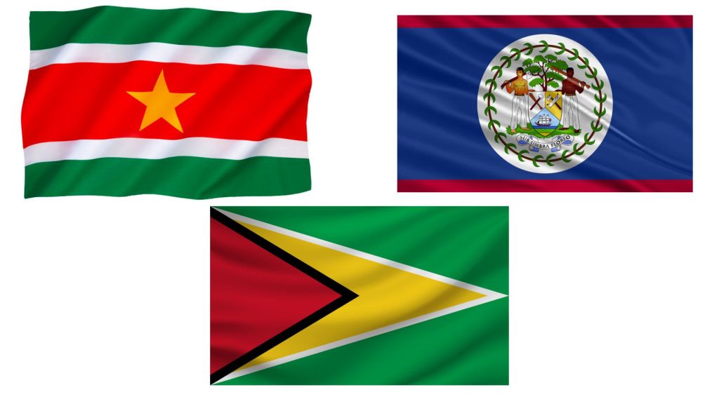 Belize, Guyana and Suriname Flags