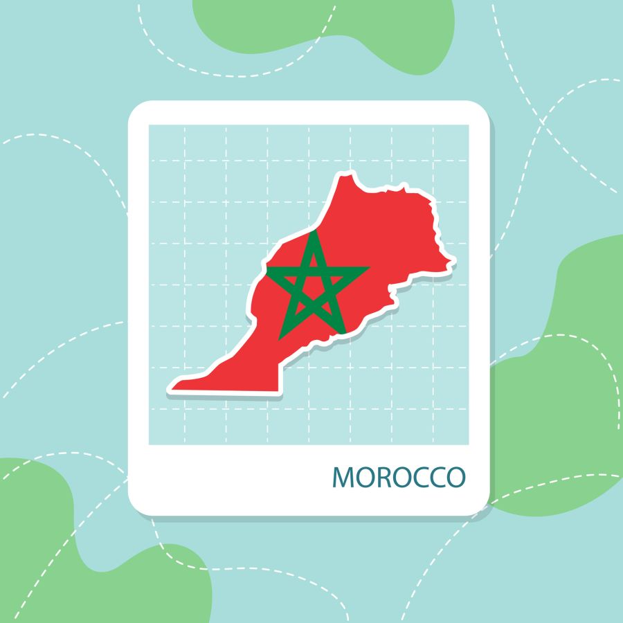 Stickers of Morocco map with flag pattern in frame.
