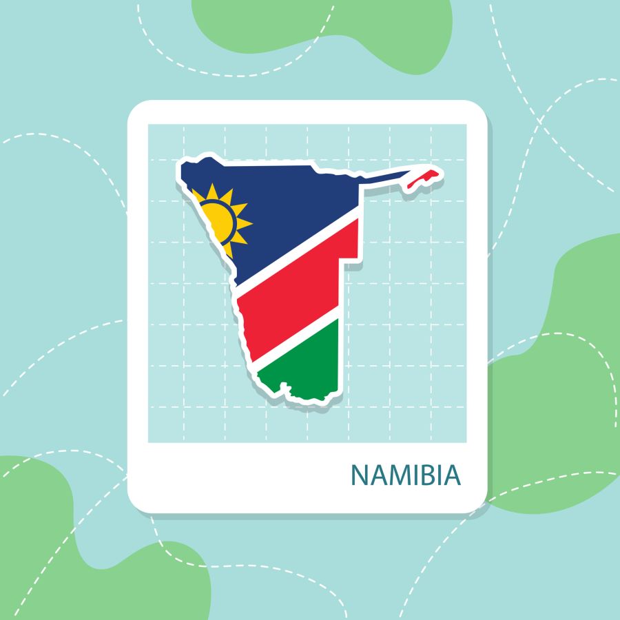 Stickers of Namibia map with flag pattern in frame.