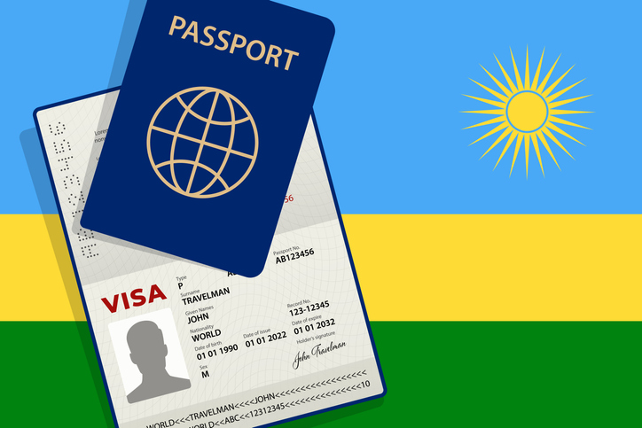 Visa to Rwanda and Passport. Rwandan Flag Background. Vector illustration