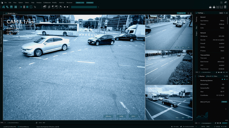 CCTV Traffic Speeding Security Camera. Road Safety Supervision Technology in the Middle of Busy Urban City Area with Intense Car Driving. Software Interface of Monitoring Speed Limit and Road Safety