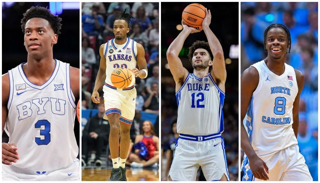 Four college basketball players in action: a BYU player, a Kansas player, a Duke player shooting a basketball, and a North Carolina player.