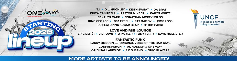 One Voyage music festival lineup poster featuring various artists and bands, including T.I., D.L. Hughley, Keith Sweat, Da Brat, and UNCF logo.